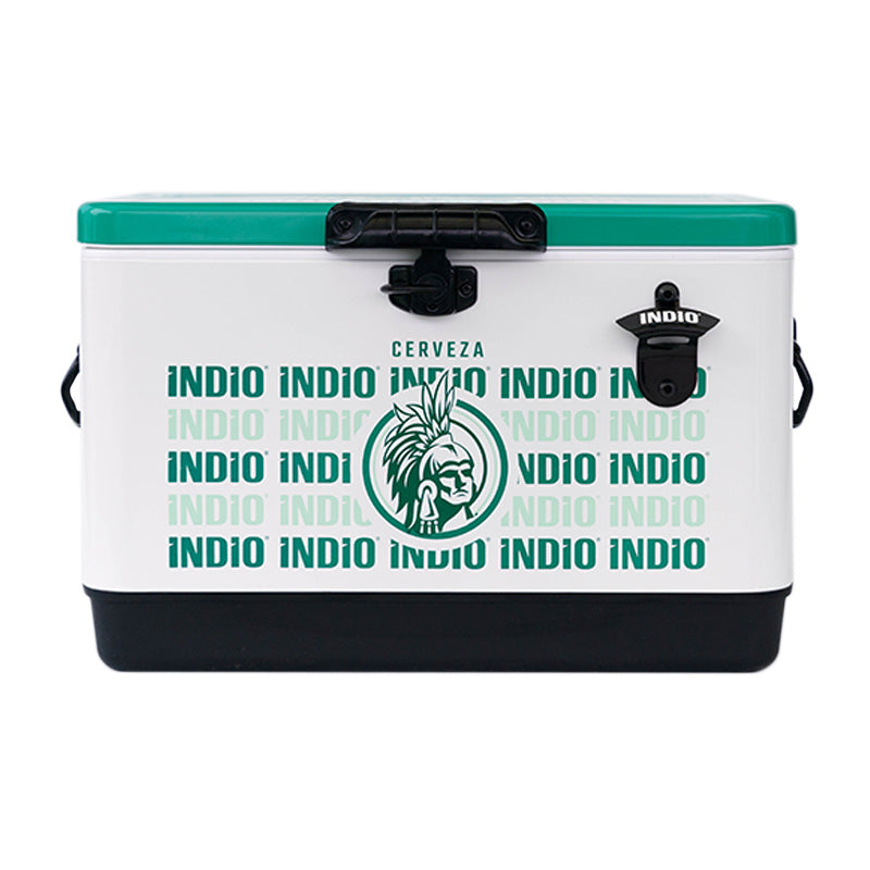 Hielera Metálica multi logos Indio color verde de 30 lt con capacidad para 36 latas