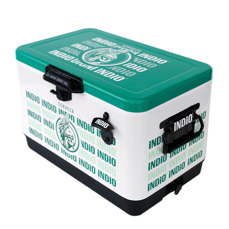 Hielera Metálica multi logos Indio color verde de 30 lt con capacidad para 36 latas