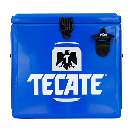 Hielera Metálica Lata Tecate Light color azul de 15 lts.