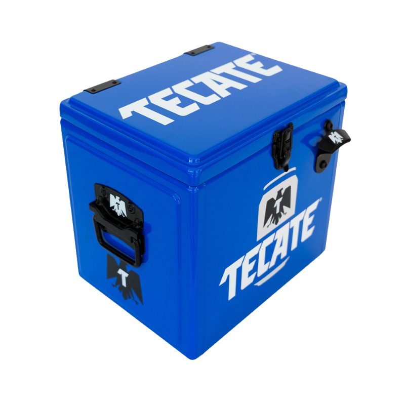 Hielera Metálica Lata Tecate Light color azul de 15 lts.